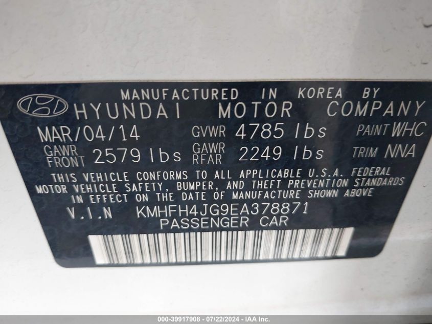 2014 Hyundai Azera Limited VIN: KMHFH4JG9EA378871 Lot: 39917908