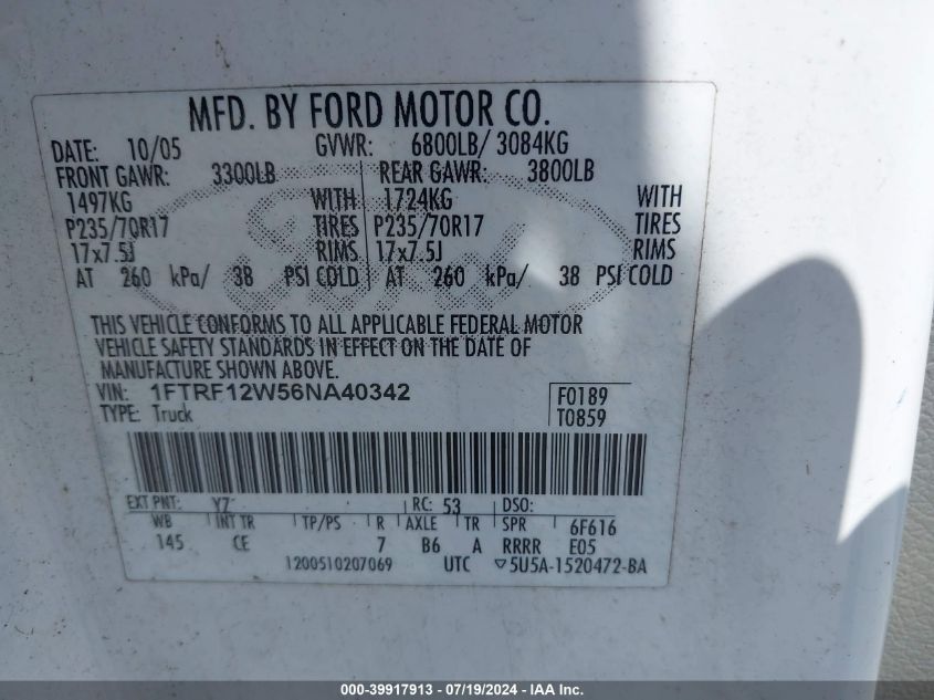 2006 Ford F-150 Stx/Xl/Xlt VIN: 1FTRF12W56NA40342 Lot: 39917913