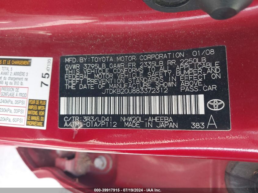 2008 Toyota Prius VIN: JTDKB20U883372312 Lot: 39917915