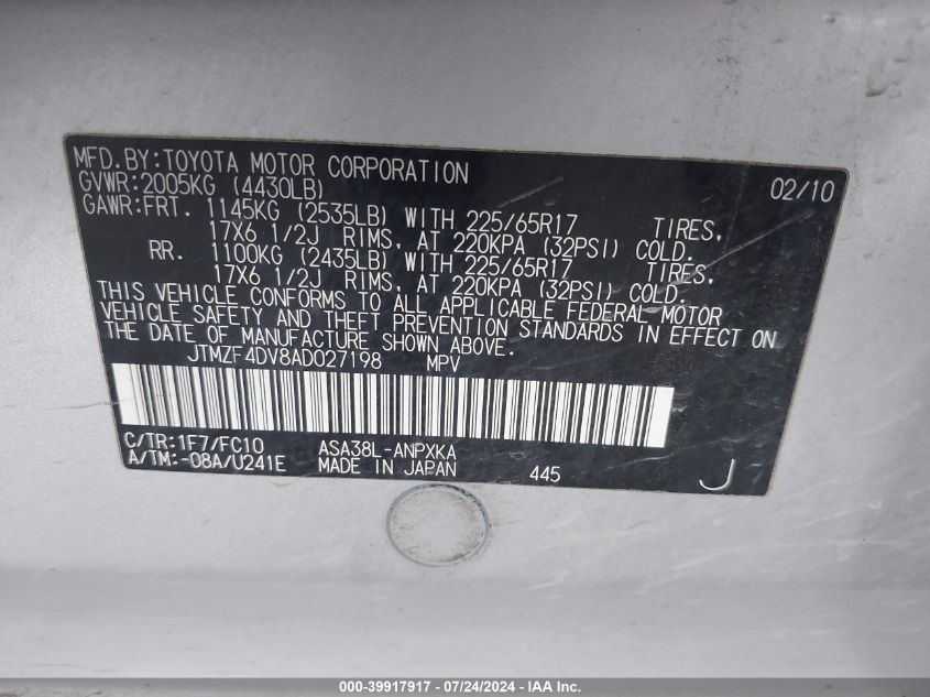 2010 Toyota Rav4 VIN: JTMZF4DV8AD027198 Lot: 39917917