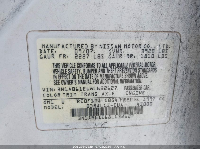 2008 Nissan Sentra 2.0 VIN: 3N1AB61E68L632627 Lot: 39917920