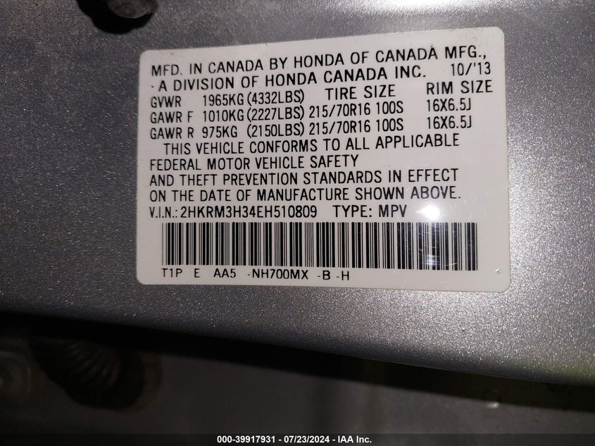 2014 Honda Cr-V Lx VIN: 2HKRM3H34EH510809 Lot: 39917931