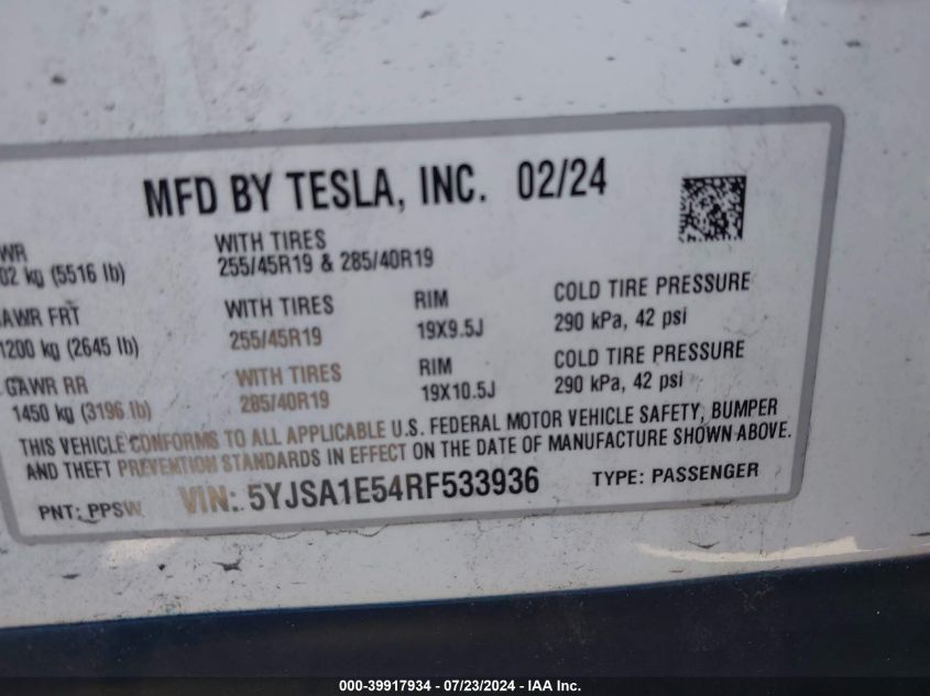 5YJSA1E54RF533936 2024 Tesla Model S Long Range