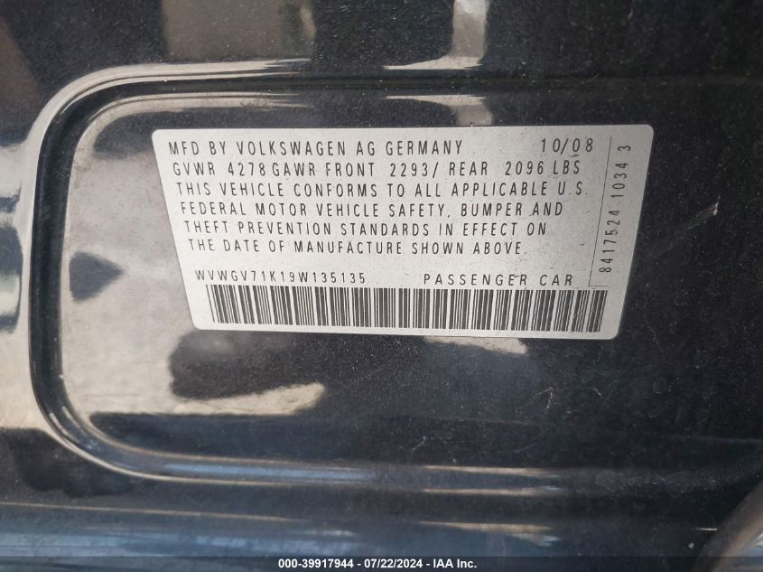 2009 Volkswagen Gti 4-Door VIN: WVWGV71K19W135135 Lot: 39917944