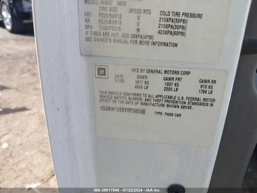 2000 Pontiac Grand Am Gt VIN: 1G2NW12E8YM796590 Lot: 39917949