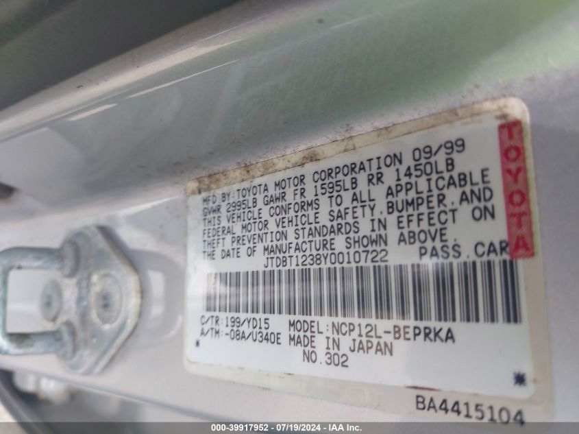 2000 Toyota Echo VIN: JTDBT1238Y0010722 Lot: 39917952