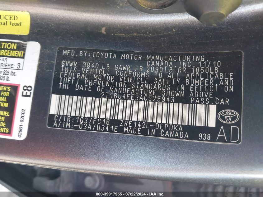 2010 Toyota Corolla Le VIN: 2T1BU4EE3AC525943 Lot: 39917955