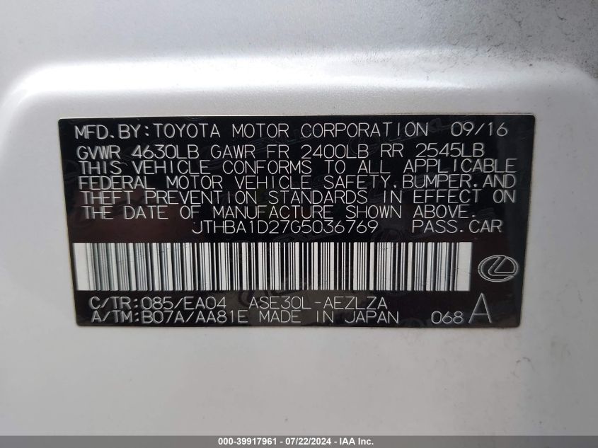 2016 Lexus Is 200T VIN: JTHBA1D27G5036769 Lot: 39917961