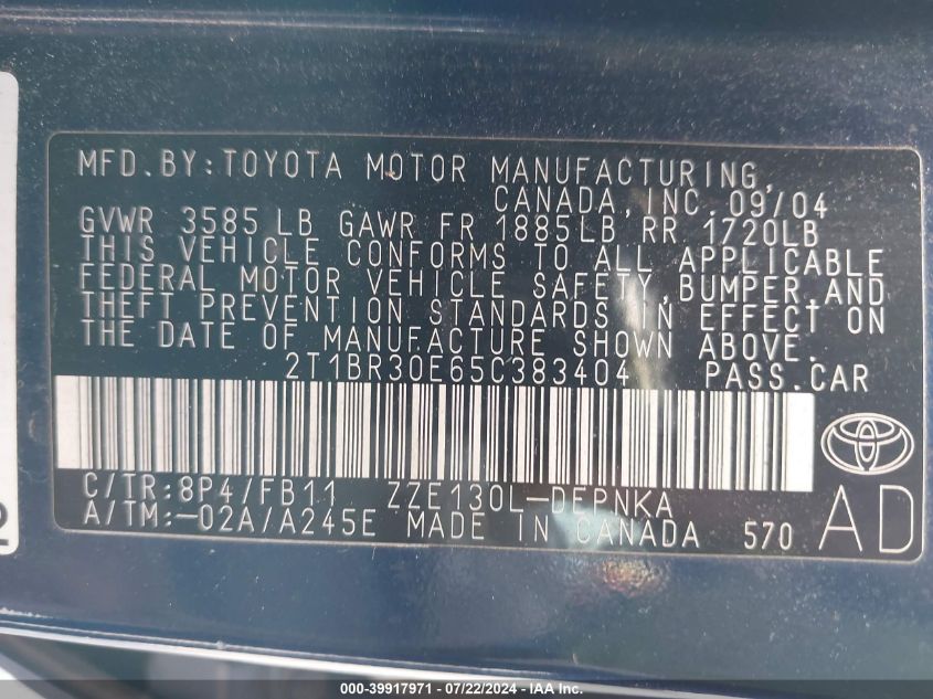 2005 Toyota Corolla Le VIN: 2T1BR30E65C383404 Lot: 39917971