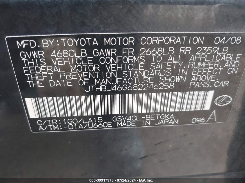 2008 Lexus Es 350 VIN: JTHBJ46G682246258 Lot: 39917973