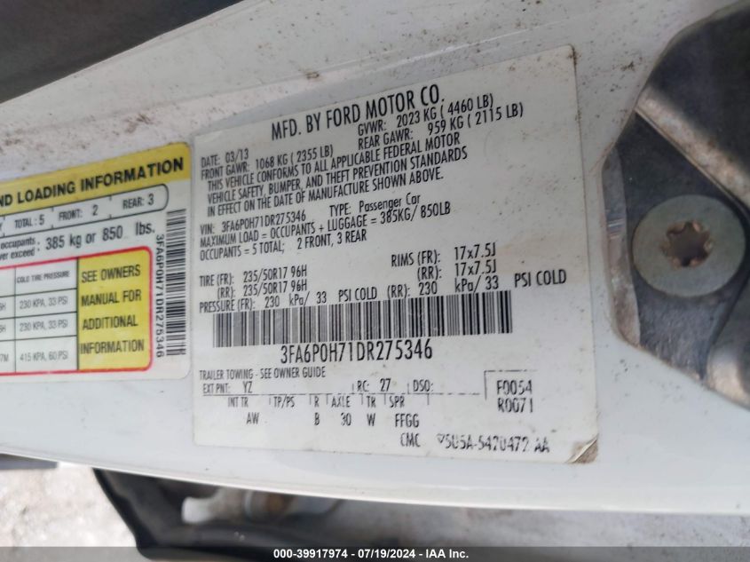 2013 Ford Fusion Se VIN: 3FA6P0H71DR275346 Lot: 39917974