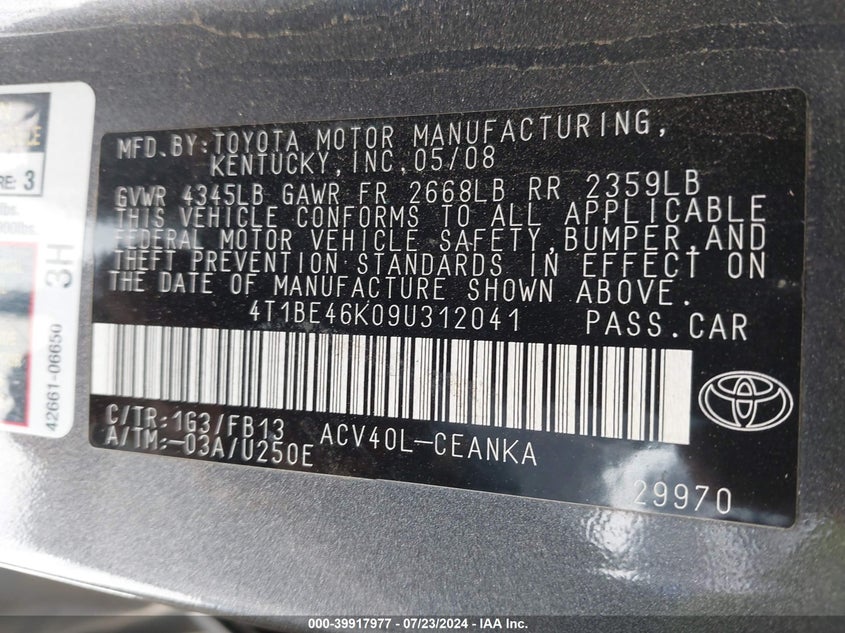 2009 Toyota Camry Le VIN: 4T1BE46K09U312041 Lot: 39917977