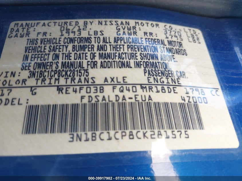 2012 Nissan Versa S/Sl VIN: 3N1BC1CP8CK281575 Lot: 39917982