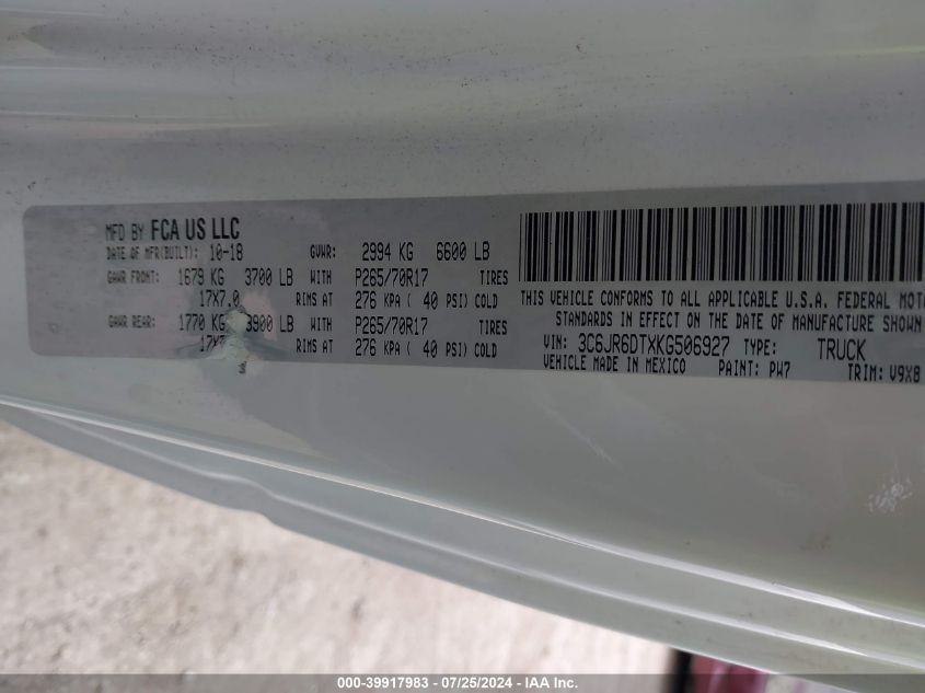 2019 Ram 1500 Classic Tradesman Regular Cab 4X2 8' Box VIN: 3C6JR6DTXKG506927 Lot: 39917983