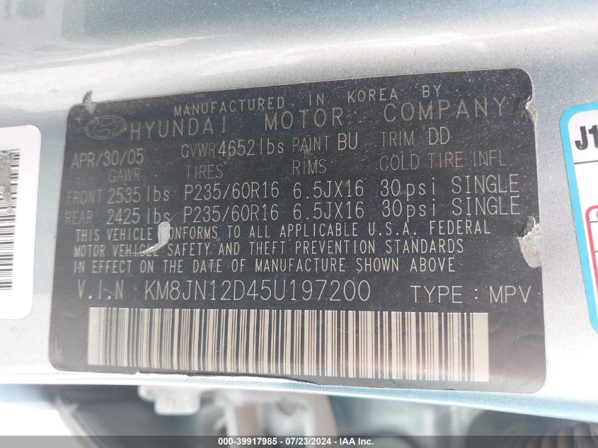2005 Hyundai Tucson Gls/Lx VIN: KM8JN12D45U197200 Lot: 39917985