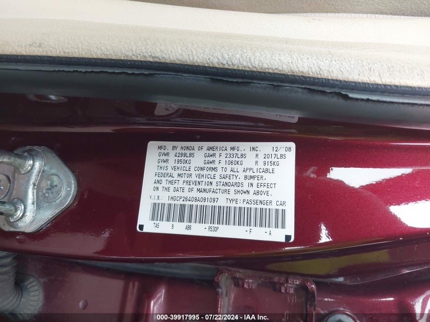 2009 Honda Accord 2.4 Lx-P VIN: 1HGCP26409A091097 Lot: 39917995