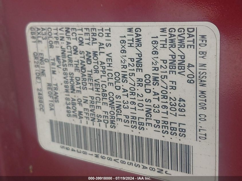 2009 Nissan Rogue S VIN: JN8AS58V89W183495 Lot: 39918000