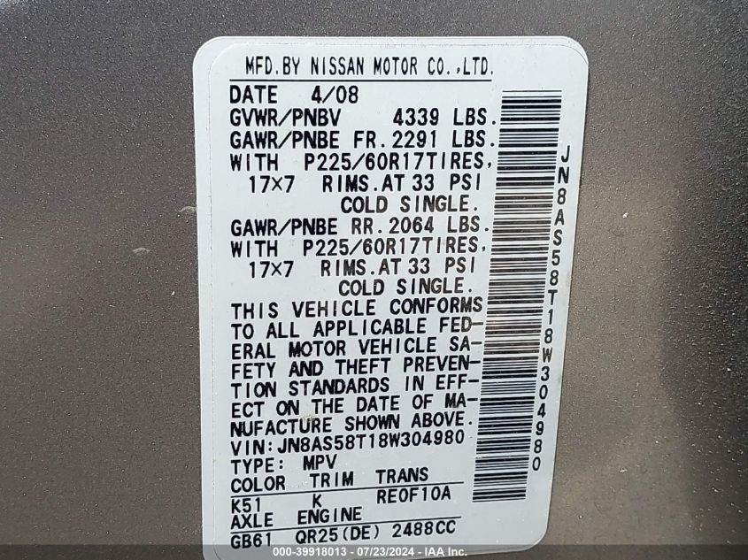 2008 Nissan Rogue S/Sl VIN: JN8AS58T18W304980 Lot: 39918013