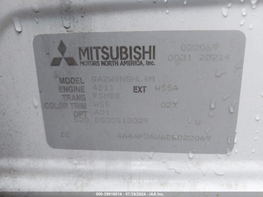 2013 Mitsubishi Outlander Sport Es VIN: 4A4AP3AU6DE022069 Lot: 39918014