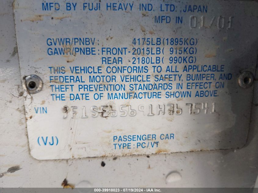 2001 Subaru Forester S VIN: JF1SF65691H767541 Lot: 39918023