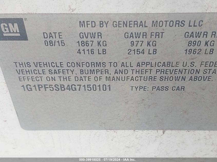 2016 Chevrolet Cruze Limited 2Lt Auto VIN: 1G1PF5SB4G7150101 Lot: 39918025