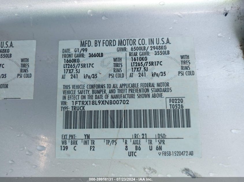 1999 Ford F-150 Lariat/Xl/Xlt VIN: 1FTRX18L9XNB00702 Lot: 39918131