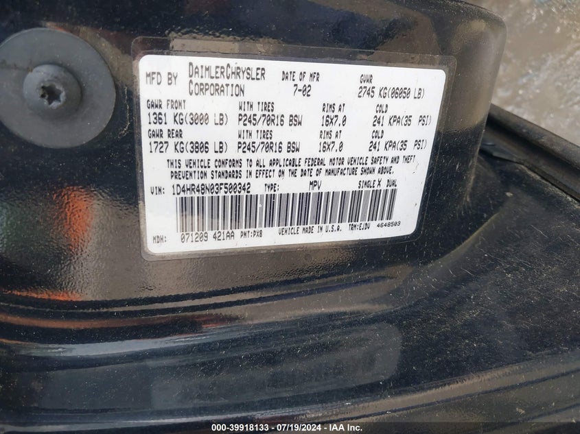 2003 Dodge Durango Slt VIN: 1D4HR48N03F500342 Lot: 39918133