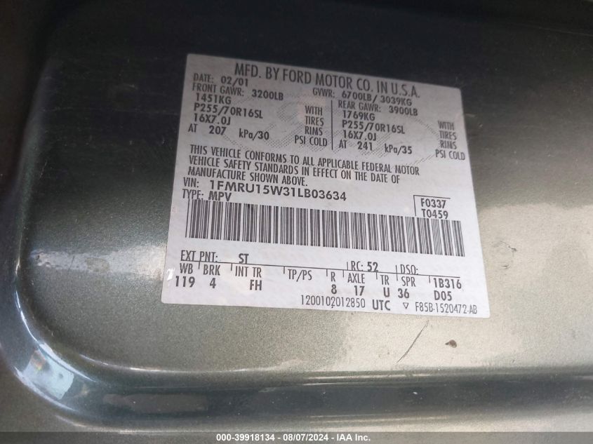 2001 Ford Expedition Xlt VIN: 1FMRU15W31LB03634 Lot: 39918134