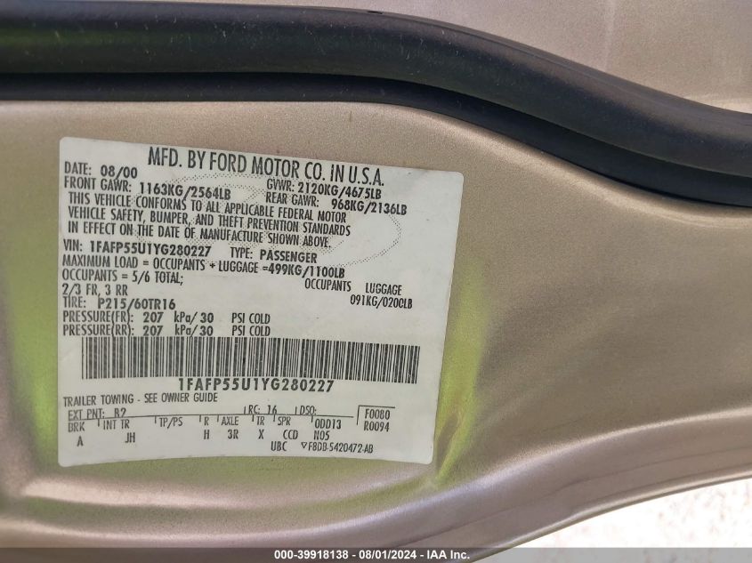 2000 Ford Taurus Ses VIN: 1FAFP55U1YG280227 Lot: 39918138