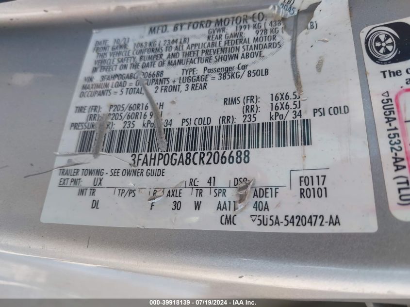 2012 Ford Fusion S VIN: 3FAHP0GA8CR206688 Lot: 39918139