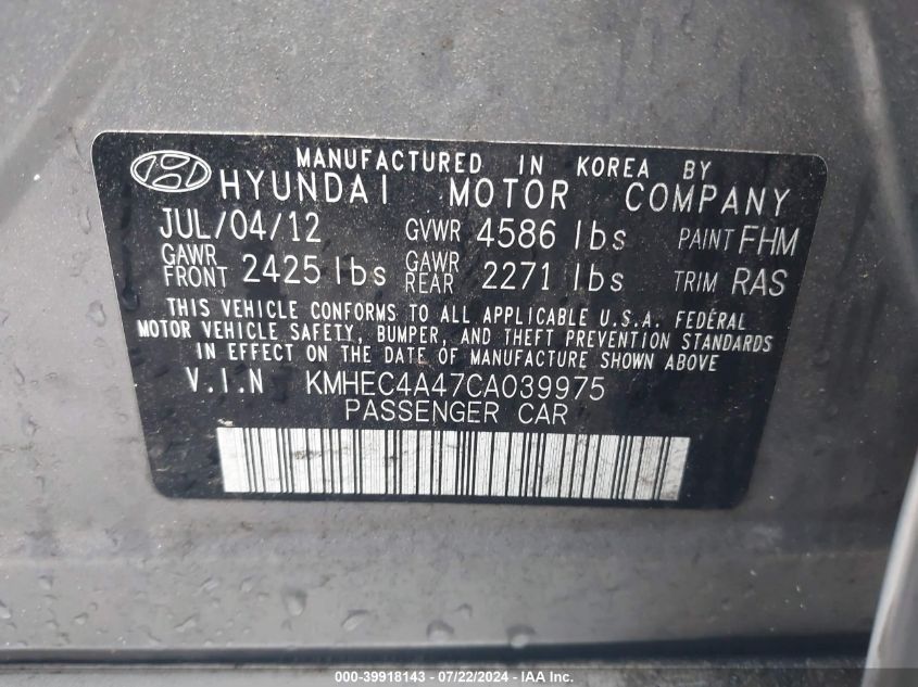 2012 Hyundai Sonata Hybrid VIN: KMHEC4A47CA039975 Lot: 39918143