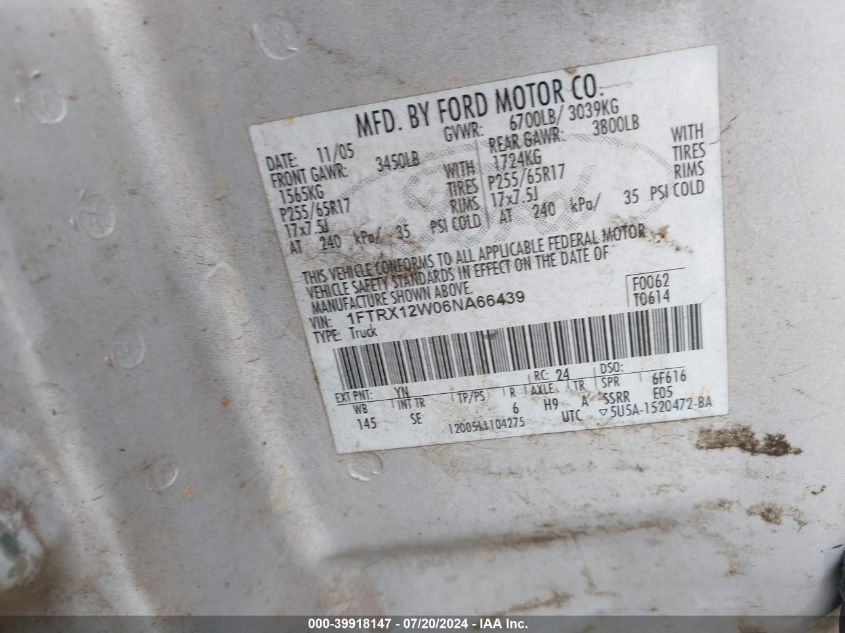 2006 Ford F-150 Stx/Xl/Xlt VIN: 1FTRX12W06NA66439 Lot: 39918147