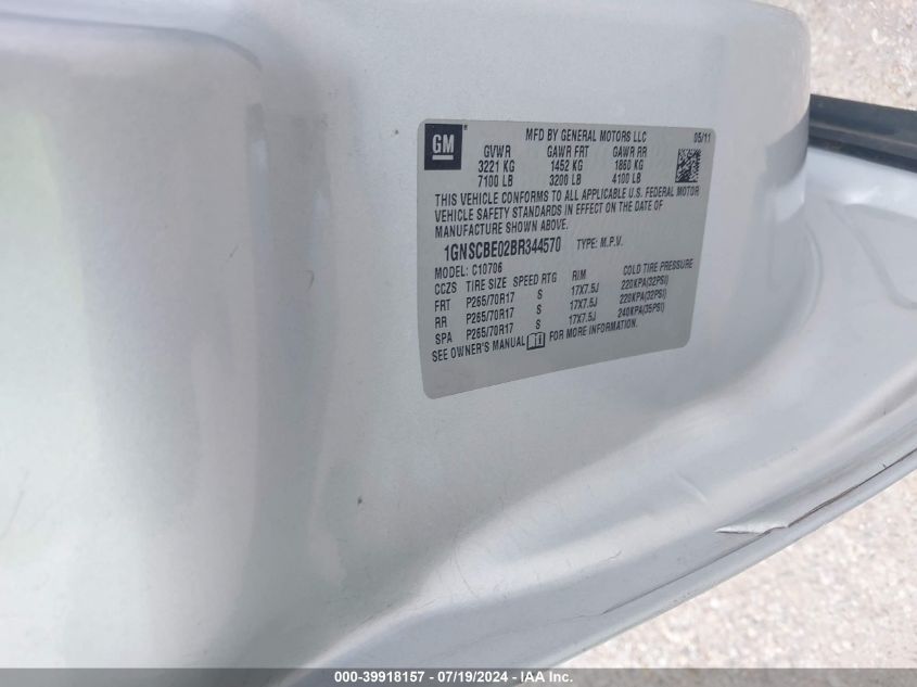 2011 Chevrolet Tahoe Lt VIN: 1GNSCBE02BR344570 Lot: 39918157