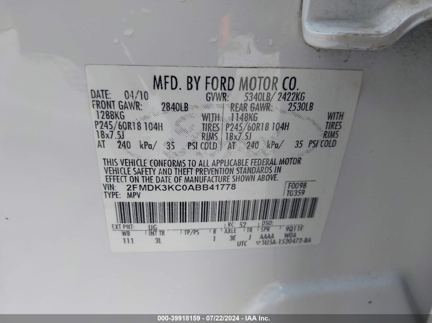 2010 Ford Edge Limited VIN: 2FMDK3KC0ABB41778 Lot: 39918159