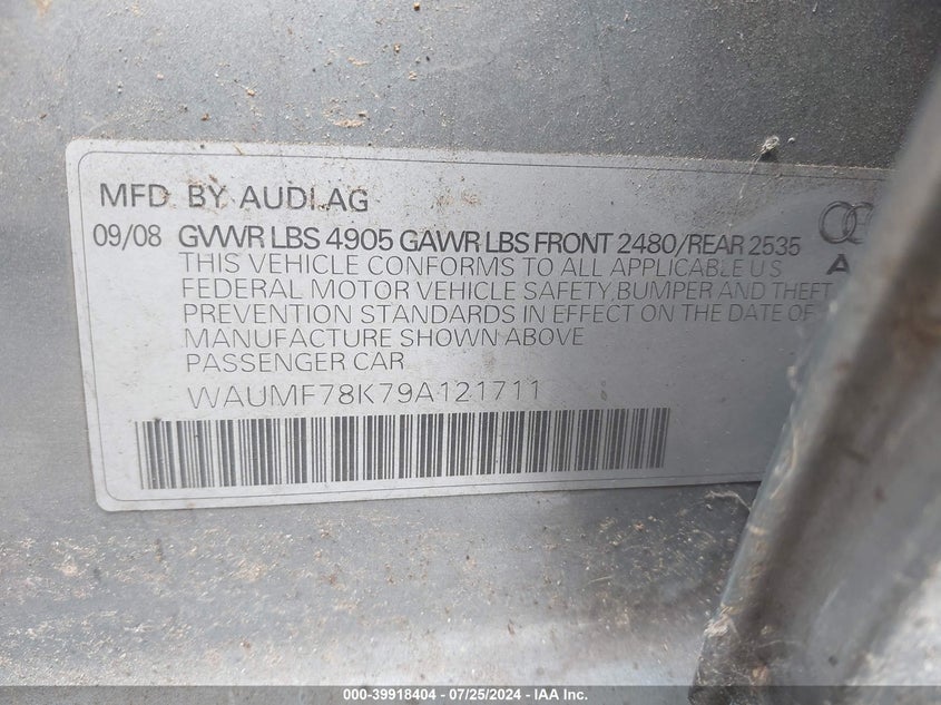 2009 Audi A4 Prestige VIN: WAUMF78K79A121711 Lot: 39918404