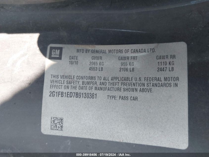 2011 Chevrolet Camaro 1Lt VIN: 2G1FB1ED7B9130381 Lot: 39918456