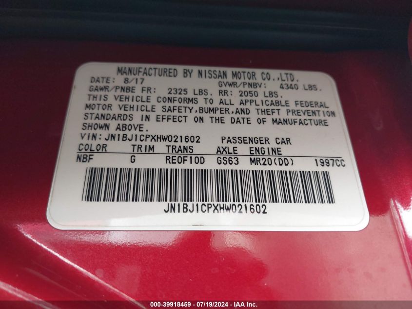 2017 Nissan Rogue Sport S VIN: JN1BJ1CPXHW021602 Lot: 39918459