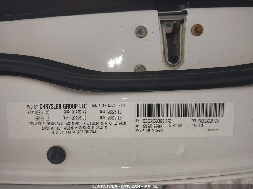 2012 Chrysler 300 Limited VIN: 2C3CCACG6CH221772 Lot: 39918470