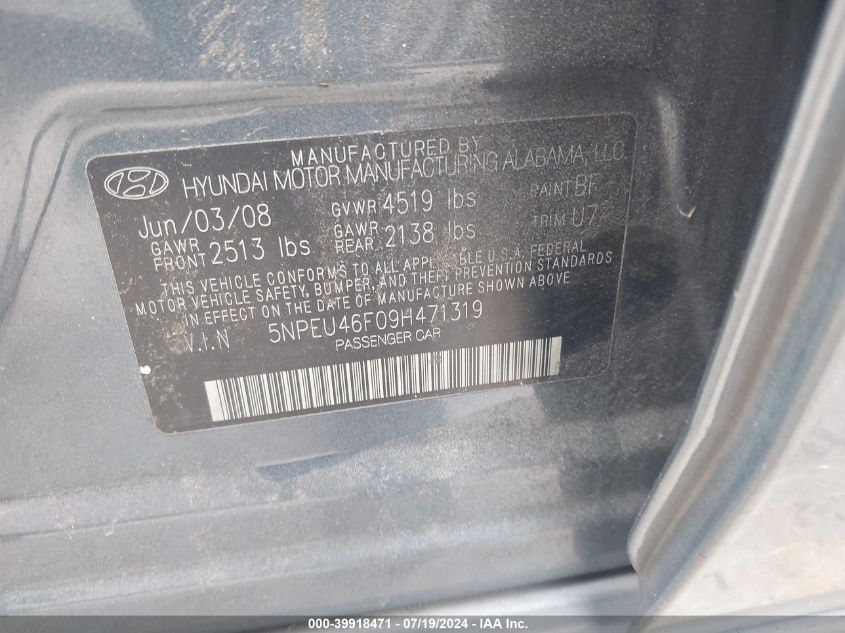 5NPEU46F09H471319 2009 Hyundai Sonata Se V6