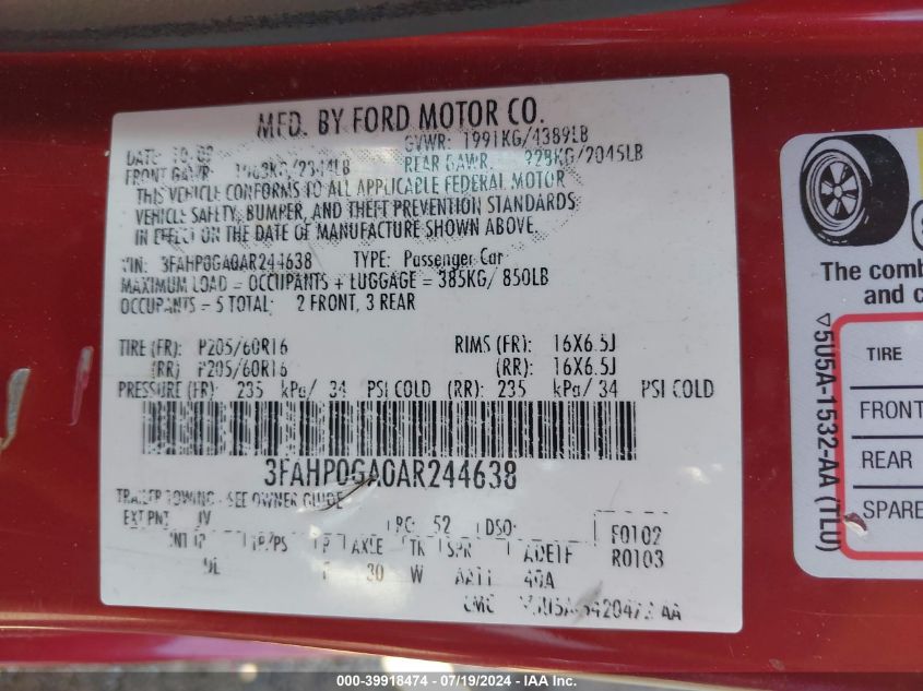 2010 Ford Fusion S VIN: 3FAHP0GA0AR244638 Lot: 39918474