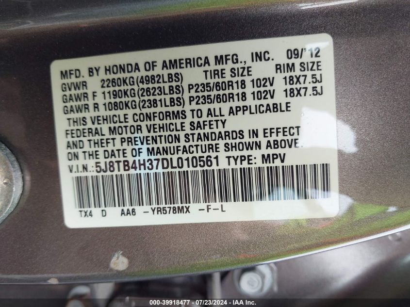 5J8TB4H37DL010561 2013 Acura Rdx