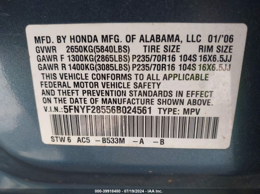 2006 Honda Pilot Ex-L VIN: 5FNYF28556B024561 Lot: 39918480