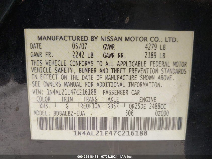 2007 Nissan Altima 2.5 S VIN: 1N4AL21E47C216188 Lot: 39918481