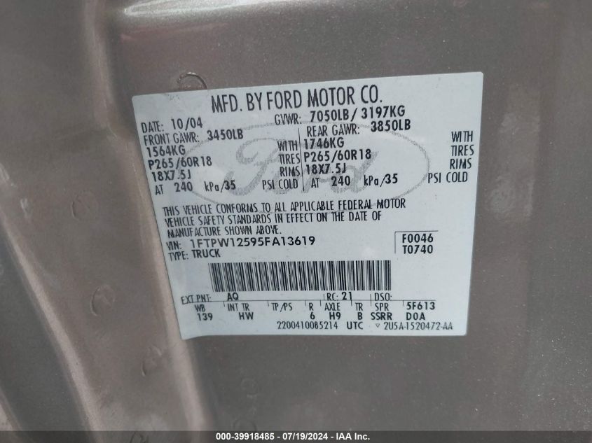 2005 Ford F-150 Lariat/Xlt VIN: 1FTPW12595FA13619 Lot: 39918485