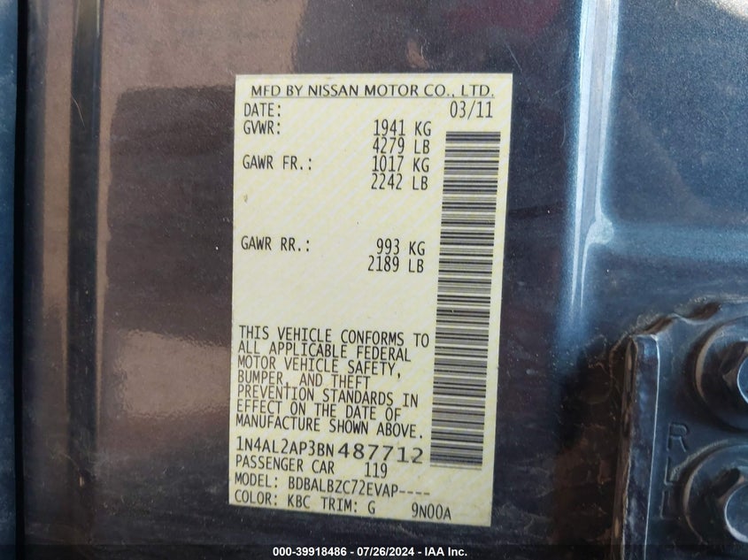 2011 Nissan Altima 2.5 S VIN: 1N4AL2AP3BN487712 Lot: 39918486
