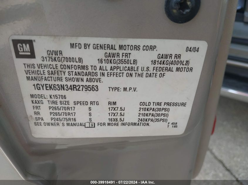 2004 Cadillac Escalade Standard VIN: 1GYEK63N34R279563 Lot: 39918491