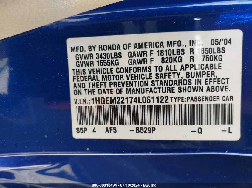 2004 Honda Civic Vp VIN: 1HGEM22174L061122 Lot: 39918494