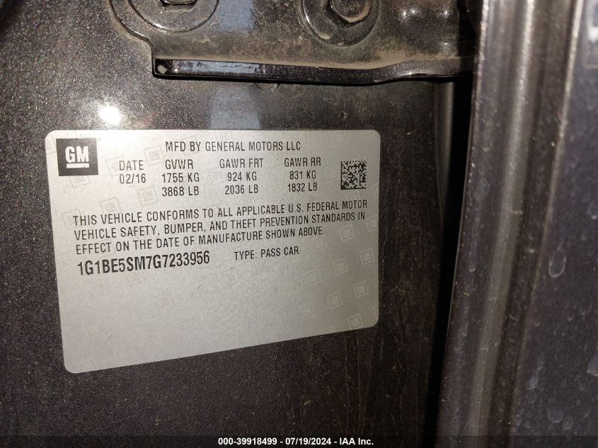 2016 Chevrolet Cruze Lt Auto VIN: 1G1BE5SM7G7233956 Lot: 39918499