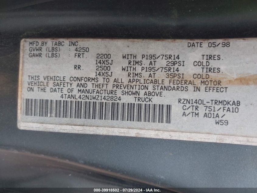 1998 Toyota Tacoma VIN: 4TANL42N1WZ142824 Lot: 39918502