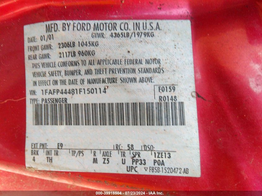 2001 Ford Mustang VIN: 1FAFP44481F150114 Lot: 39918504